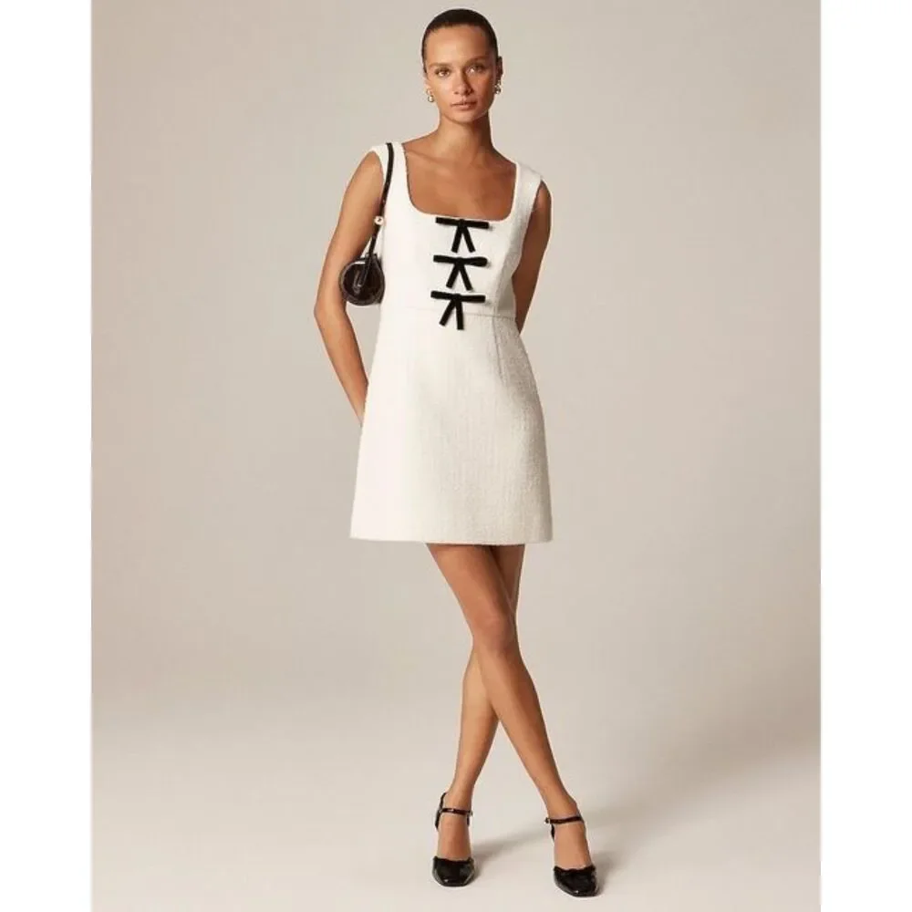 J.Crew Sophia Tweed Dress Black Velvet Bows Cream White NWT Size 00 CP175